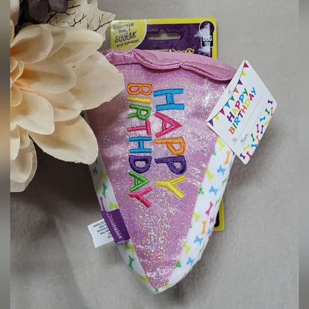 Multipet NWT Pink Birthday Cake Slice Squeaky Crinkle Dog Toy (6